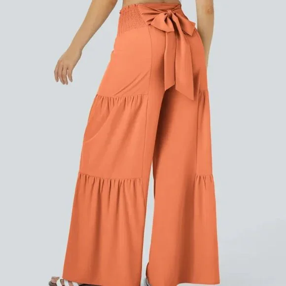 HALARA Pants High Rise Wide Leg M Orange Tiered Belted NWT Vacation Resort - Picture 2 of 11